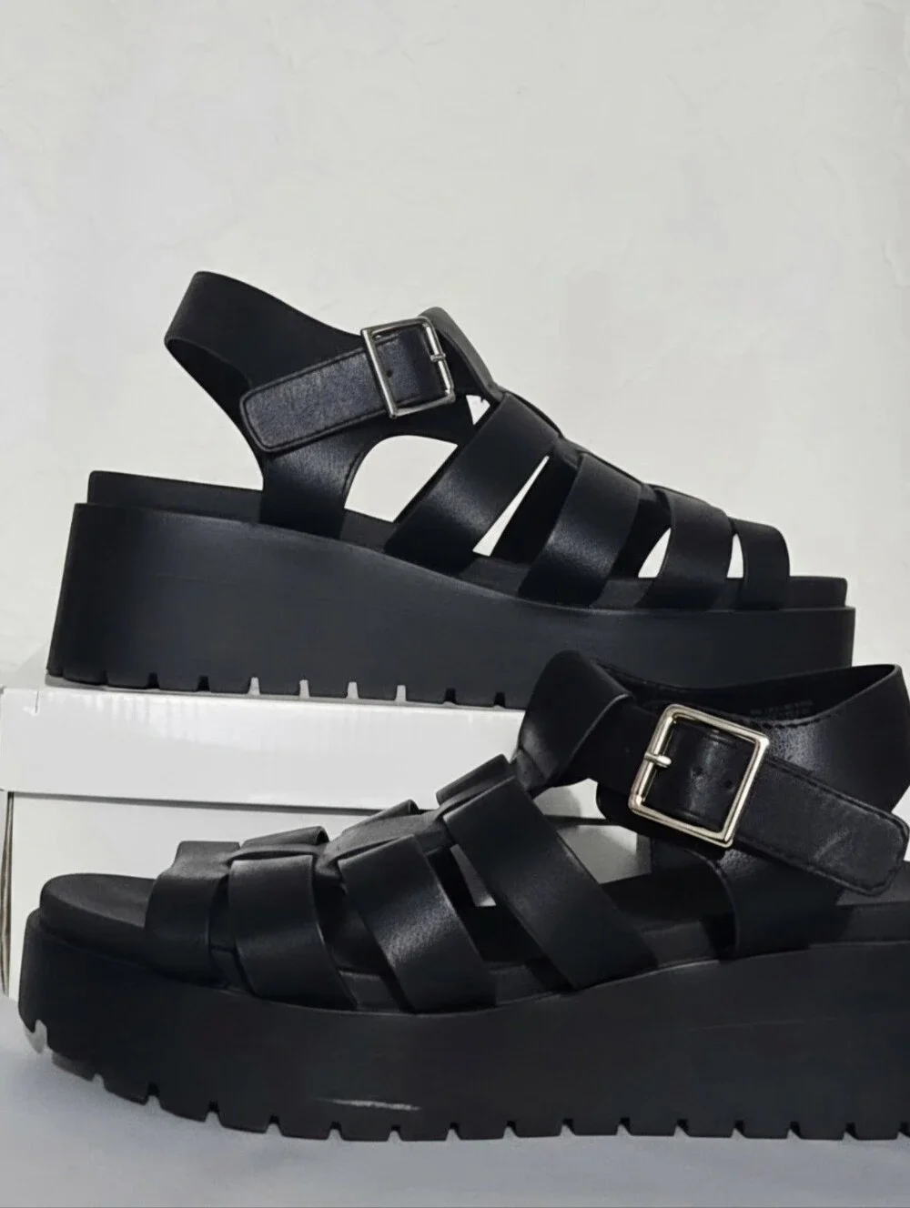 Women's Black Faux Leather Platform Sandals Rubber Soles Size 8.5
